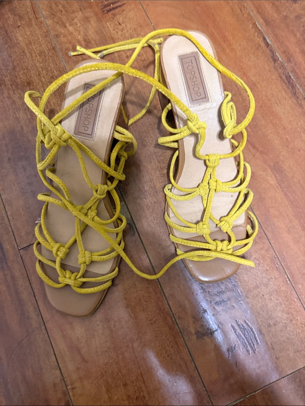 Topshop Yellow Knotted Lace-Up Heeled Sandals